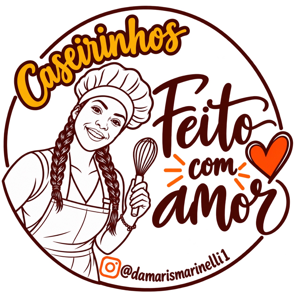 Caseirinhos, feito com amor. Logo de Damaris com chapéu de cozinheira, coração laranja e nome em amarelo.
